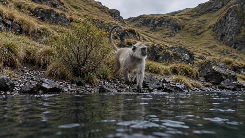 Panel 10, The visitor: A grey, black-faced monkey stands on the bank, with water in the foreground.