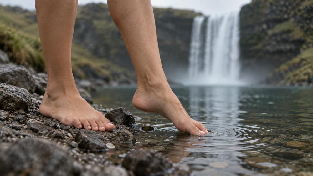Panel 06, The first touch: Close insert of her bare feet on the rocks, with one foot touching the rippling pool.