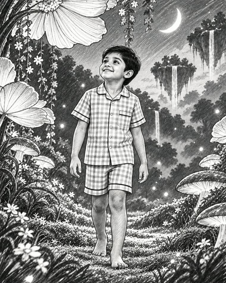 Panel 01, Wonder: Close-up. Glowing flowers catch his eye as he discovers the world around him.