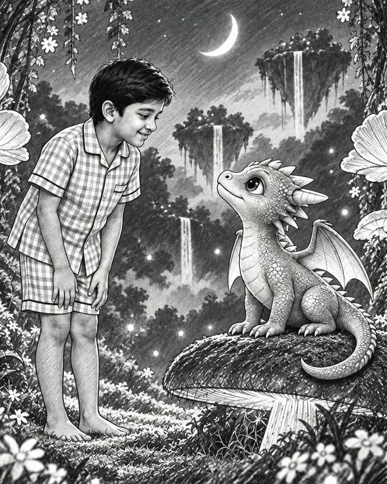 Panel 02, A new friend: Wide two-shot. The boy approaches a baby dragon perched on a mushroom.