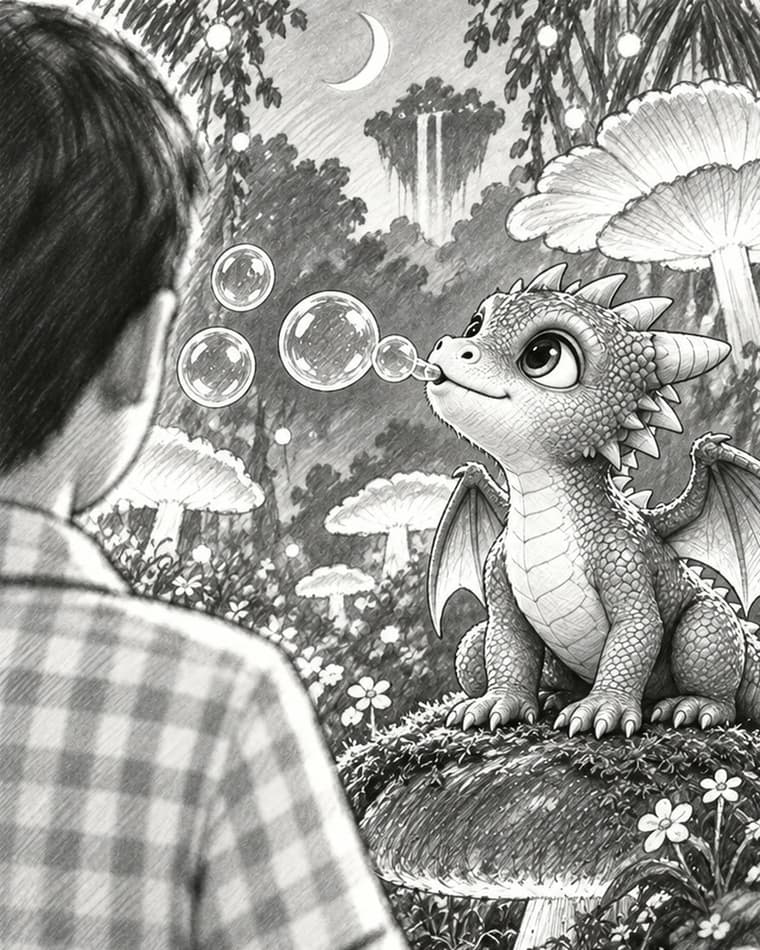 Panel 03, Bubbles: Over the boy’s shoulder. The dragon blows bubbles into the space between them.