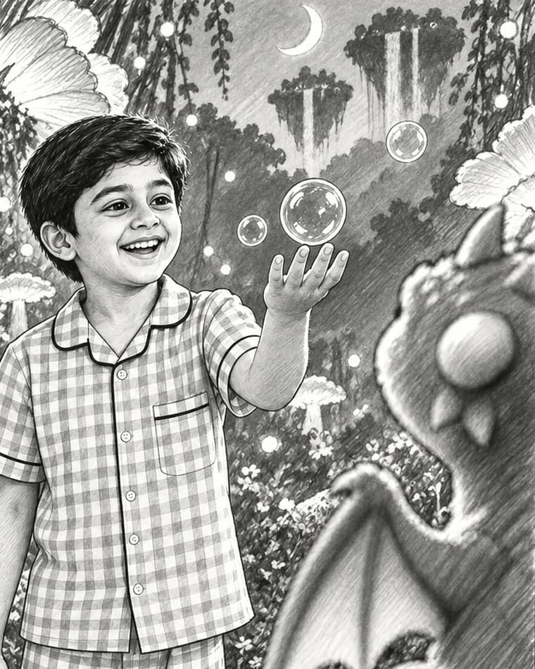 Panel 04, Little laughter: Reverse over-the-shoulder. Bubbles reach the boy; surprise turns to laughter.