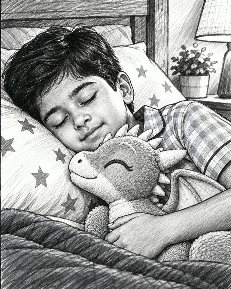 Panel 05, Safe asleep: Close-up. Back in his bedroom, he sleeps with the dragon plush in his arms.