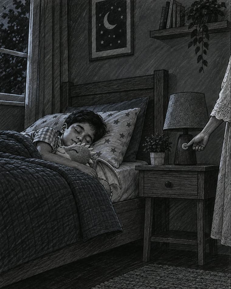 Panel 06, Goodnight: Wider bedroom shot. His mother switches off the lamp, leaving a quiet pool of window light.