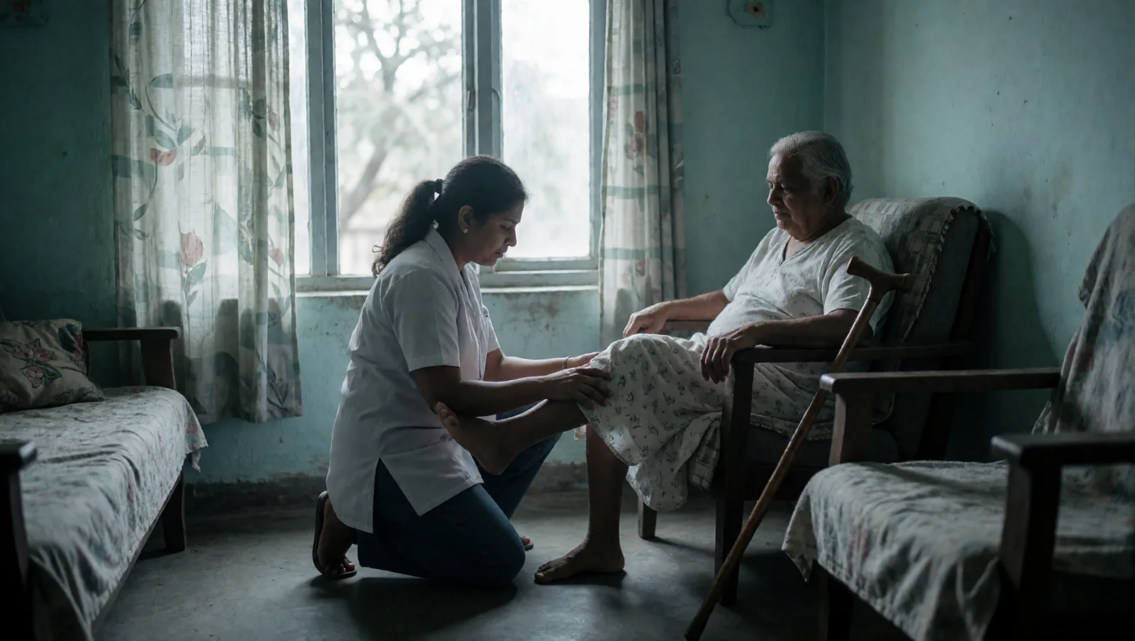 A caregiver kneels beside an older woman’s chair in a softly lit room.