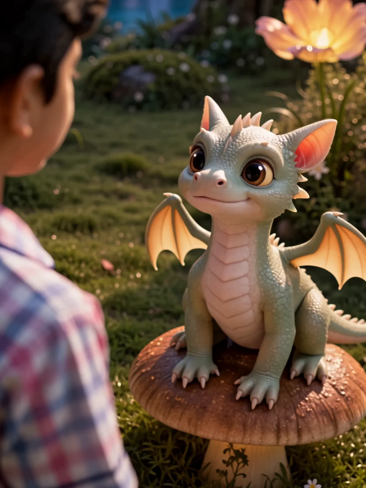 A small pale dragon looks toward a boy in the foreground of a glowing fantasy garden.
