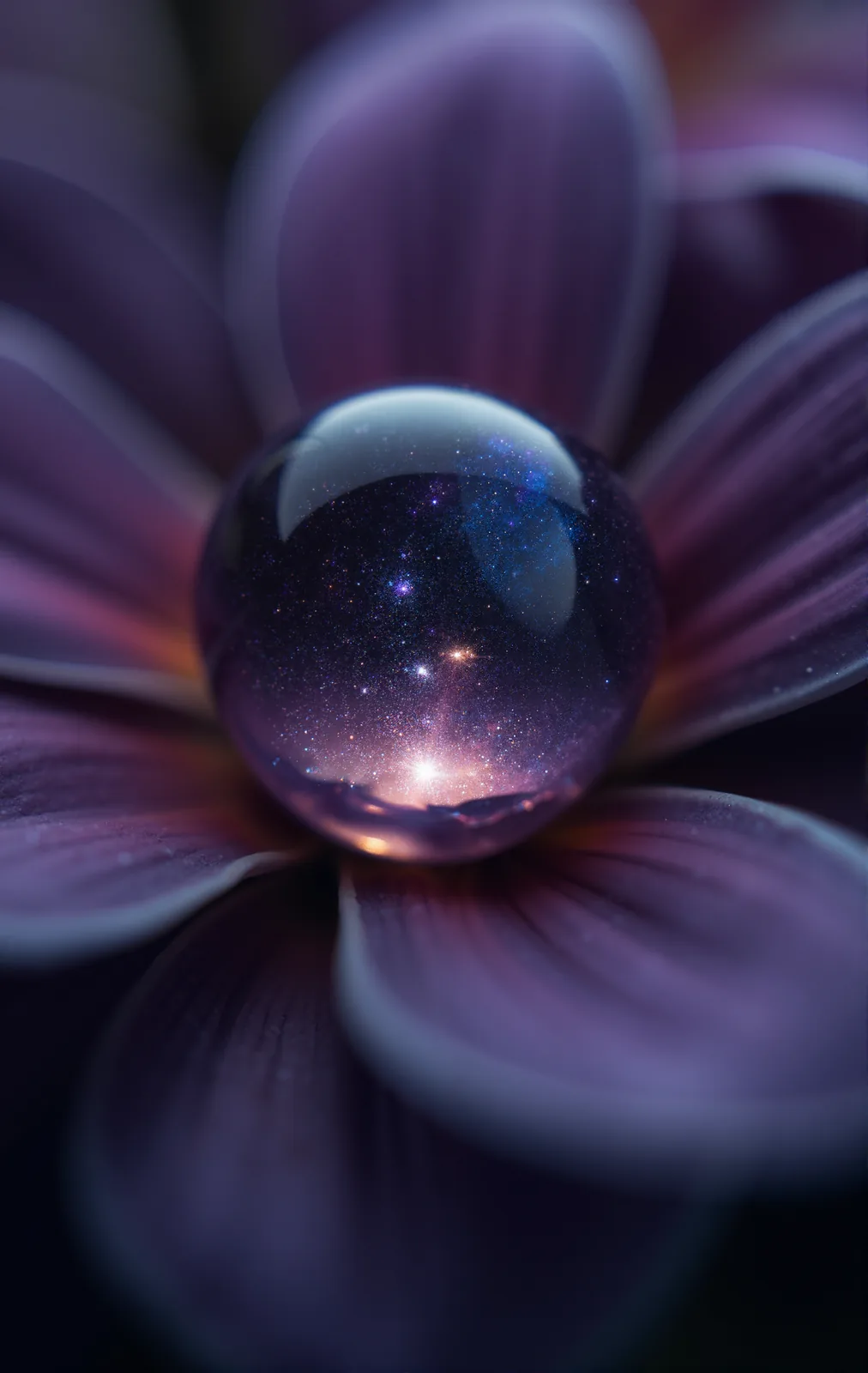 A glassy sphere containing a star field rests on a purple flower.