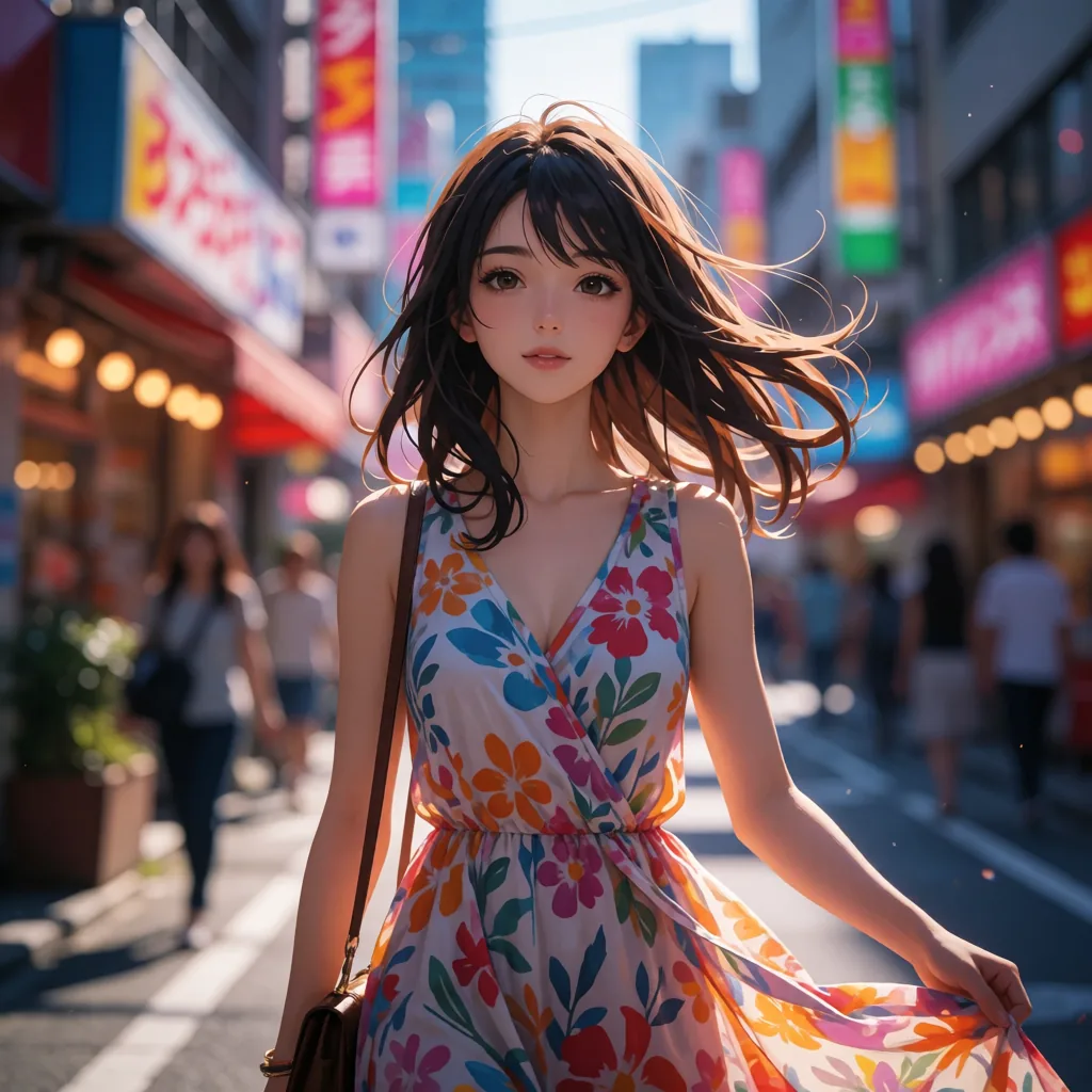 An anime-style woman in a floral dress walks down a sunlit shopping street lined with signs.