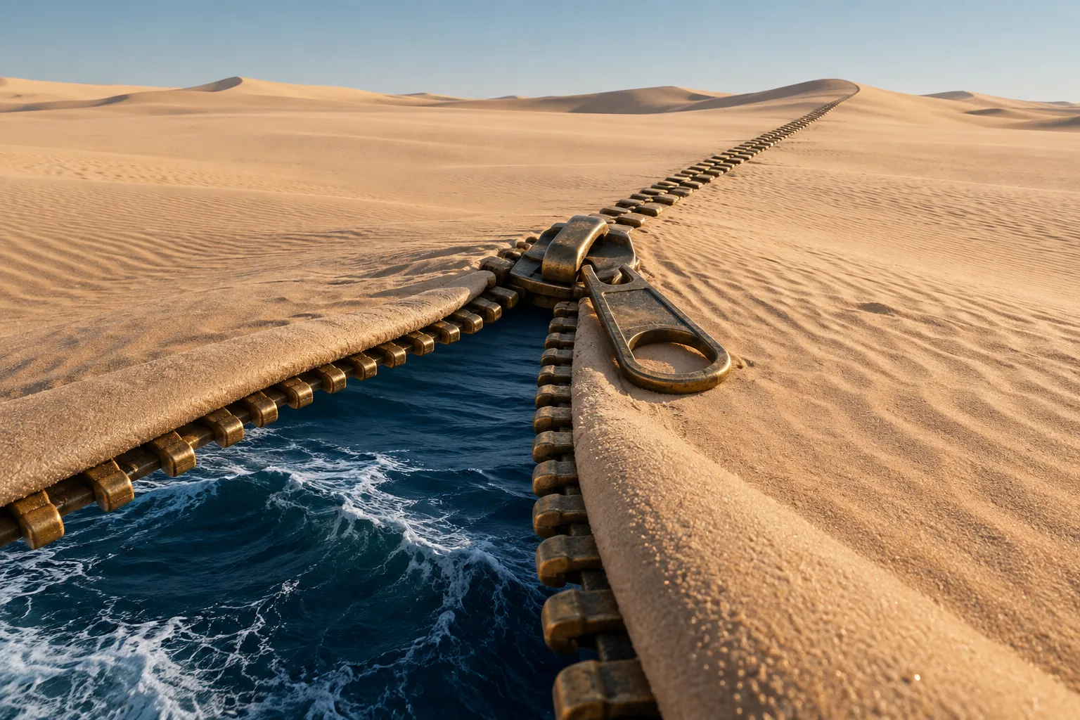 A giant zip opens a desert dune to reveal the ocean beneath the sand.