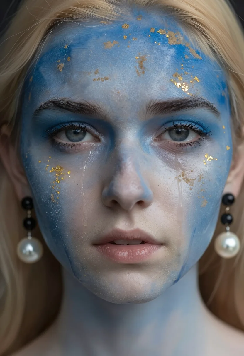 A close portrait of a woman with deep blue face paint, gold accents and pearl earrings.