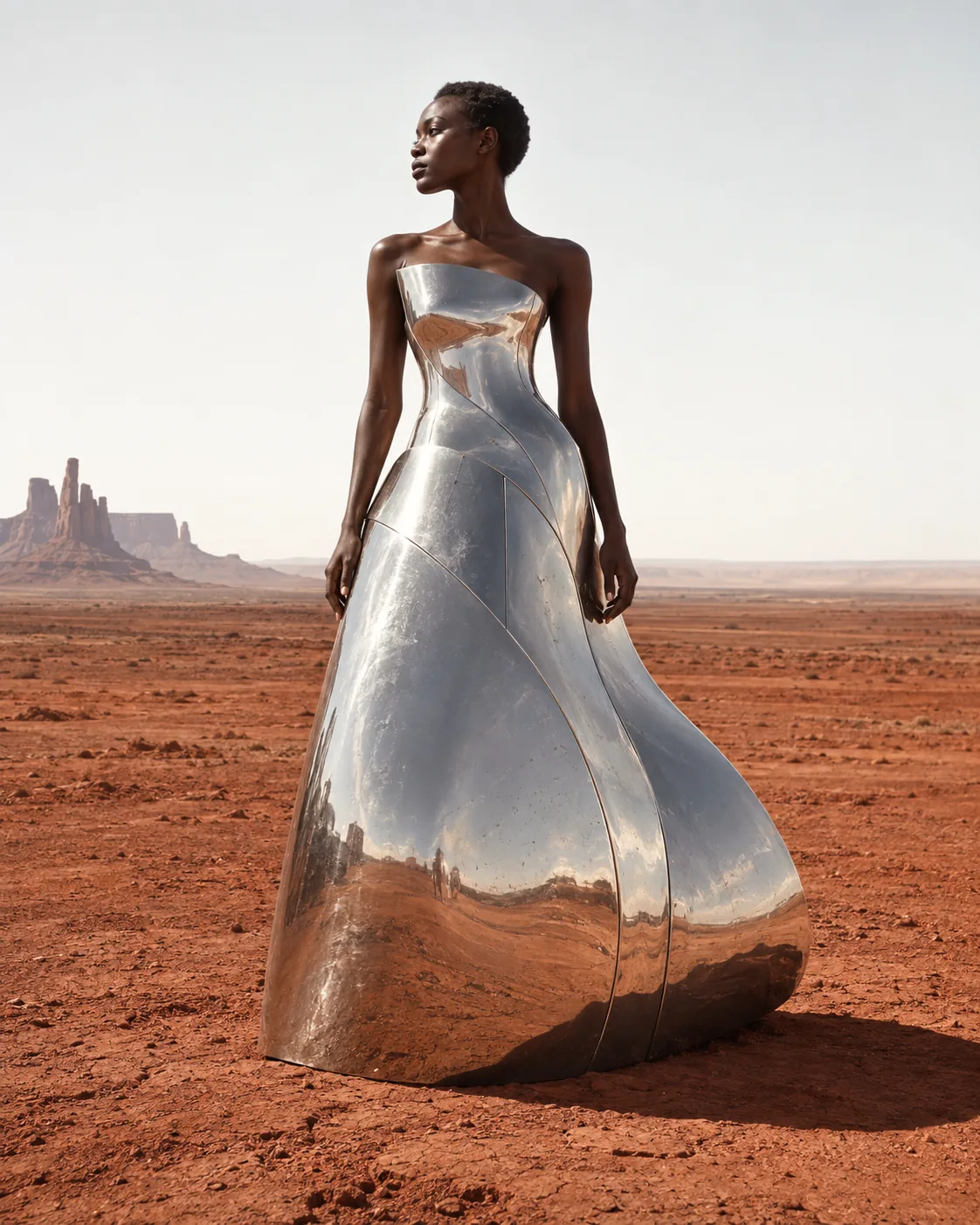 A model in a liquid-chrome gown stands on red desert ground under a pale sky.