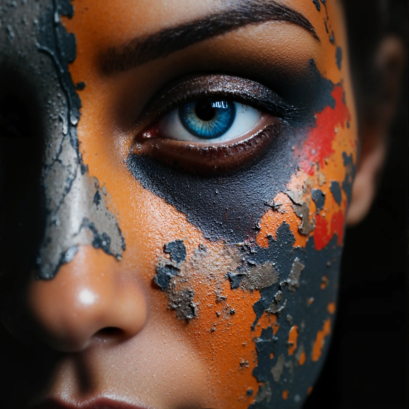 An extreme close-up of a blue eye surrounded by textured cobalt and orange face paint.