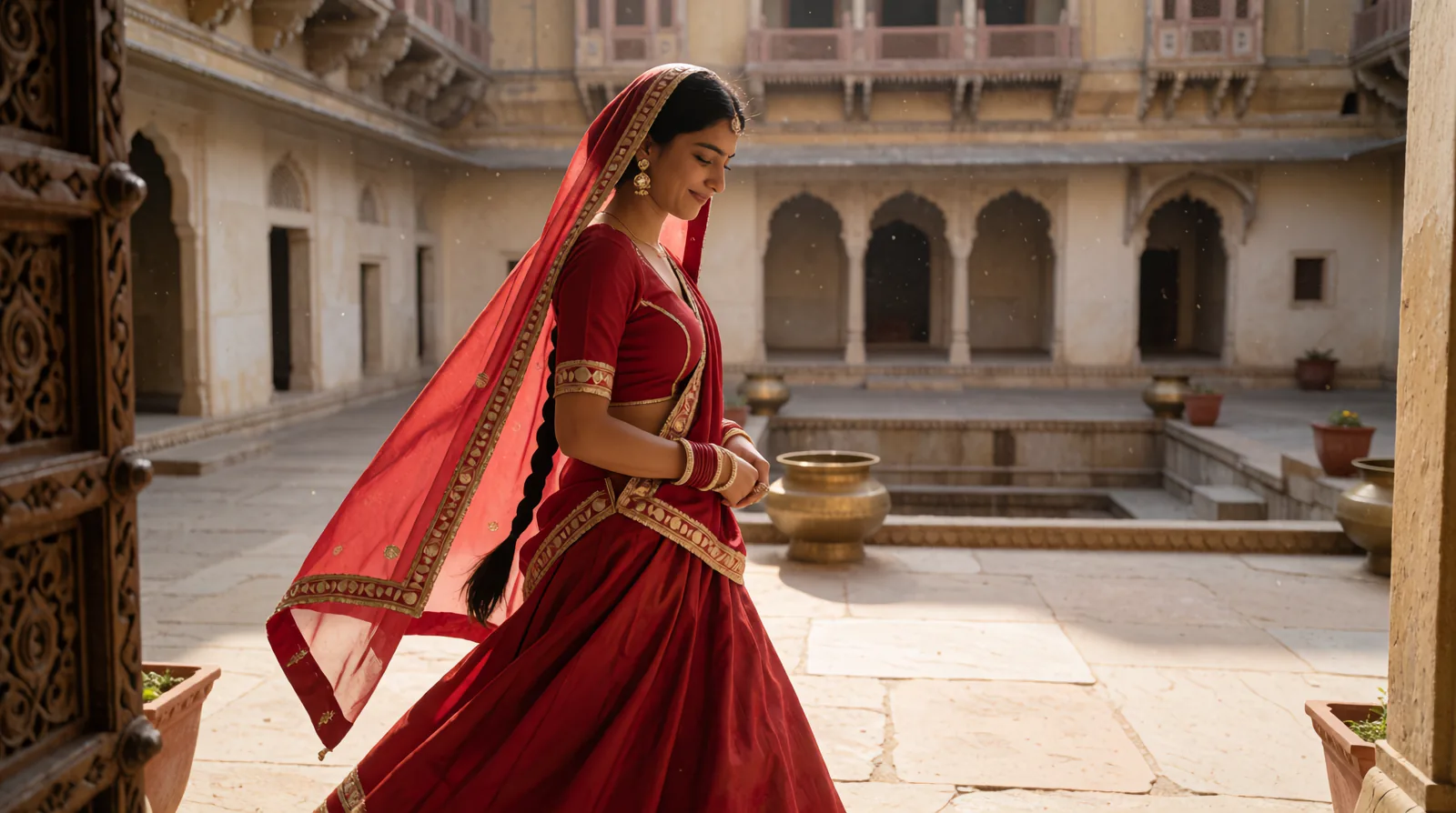 A woman in a red sari walks through a sunlit stone courtyard with her gaze lowered.