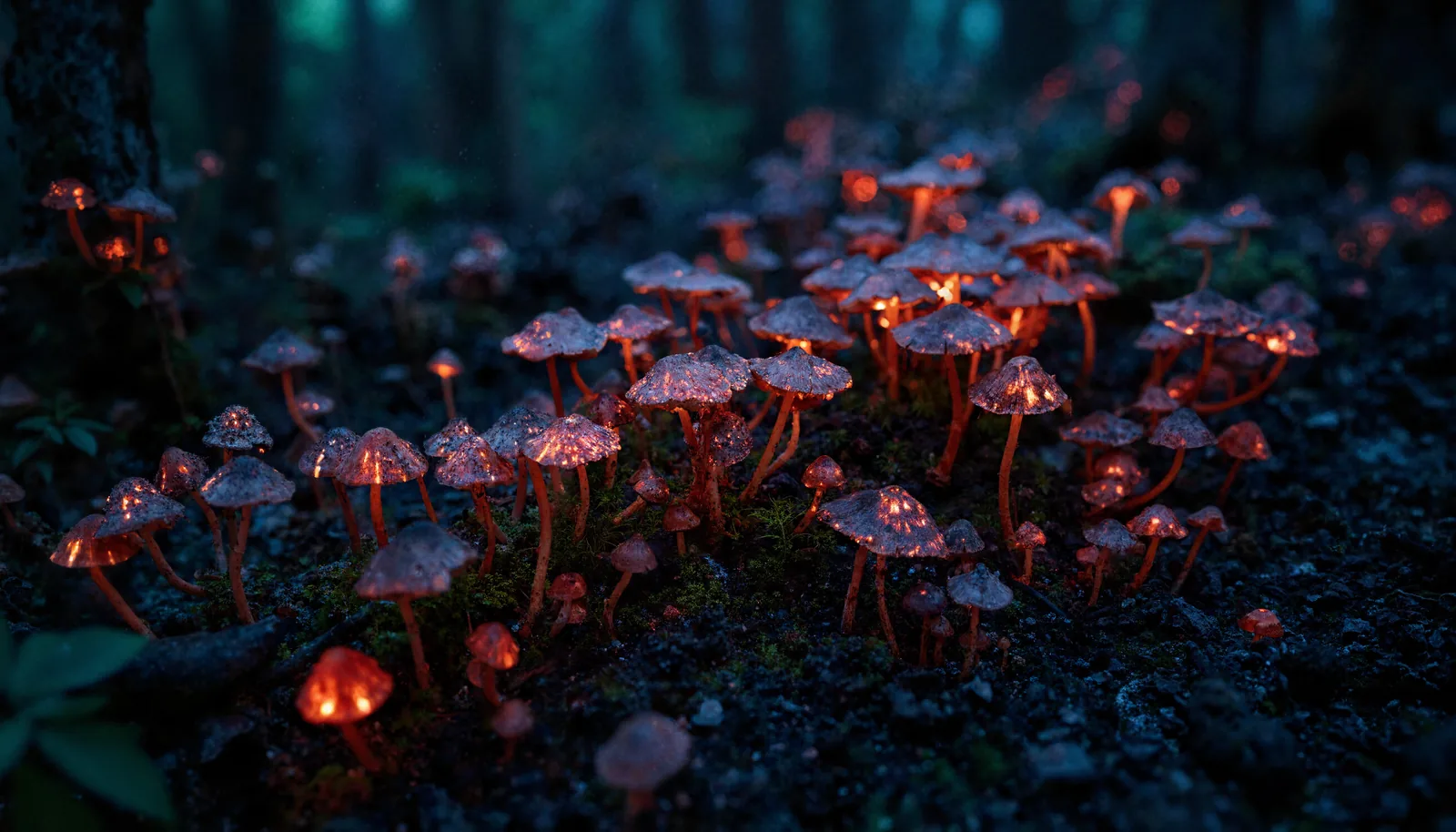 Small glowing orange mushrooms illuminate the floor of a dark blue forest.