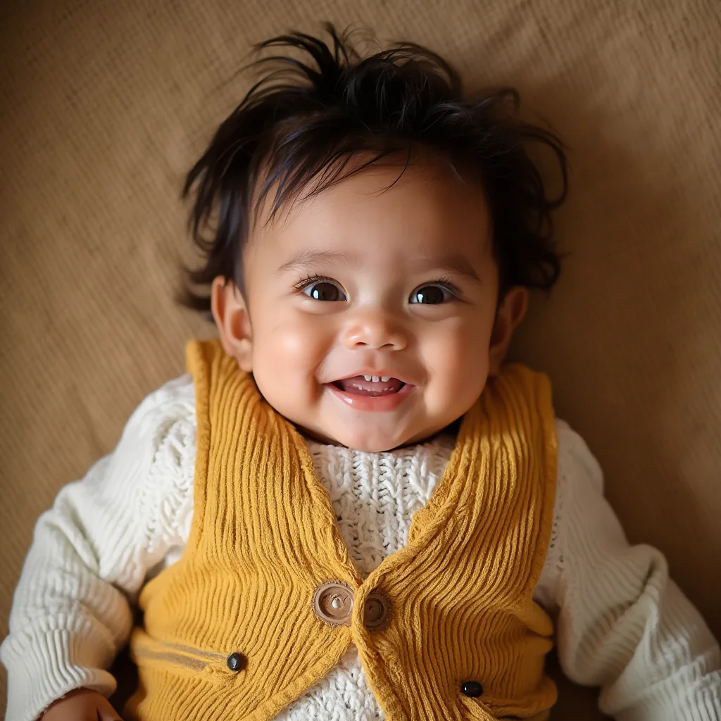 A smiling baby in a cream sweater and mustard knit vest lies on a soft tan blanket.
