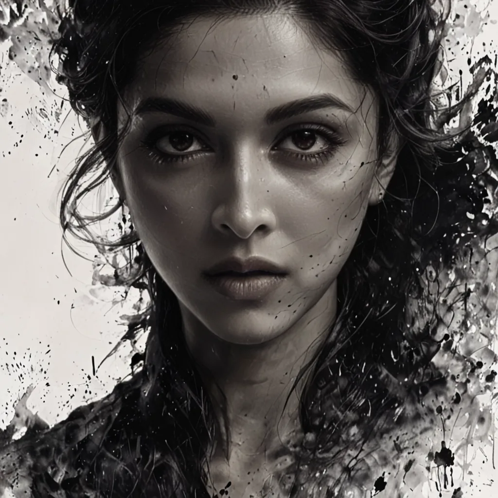 A frontal monochrome portrait of a woman merges with expressive black ink splashes.