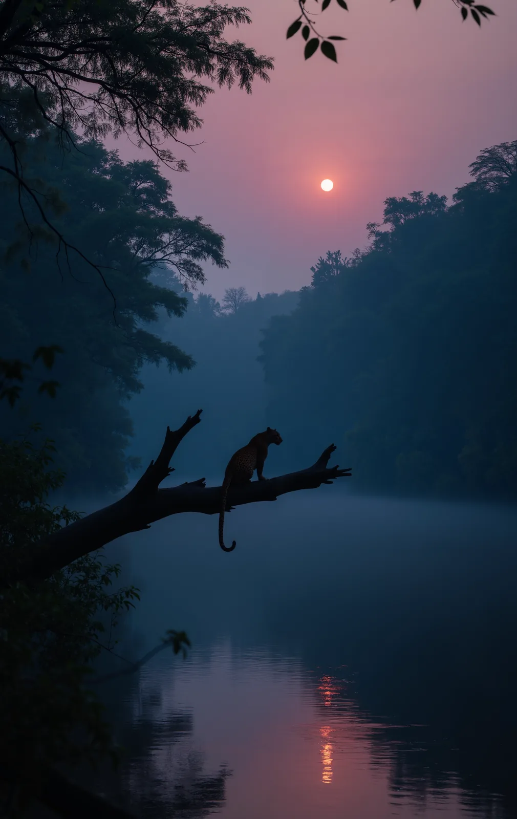 A leopard sits on a branch above a misty river beneath a pink dusk sky.