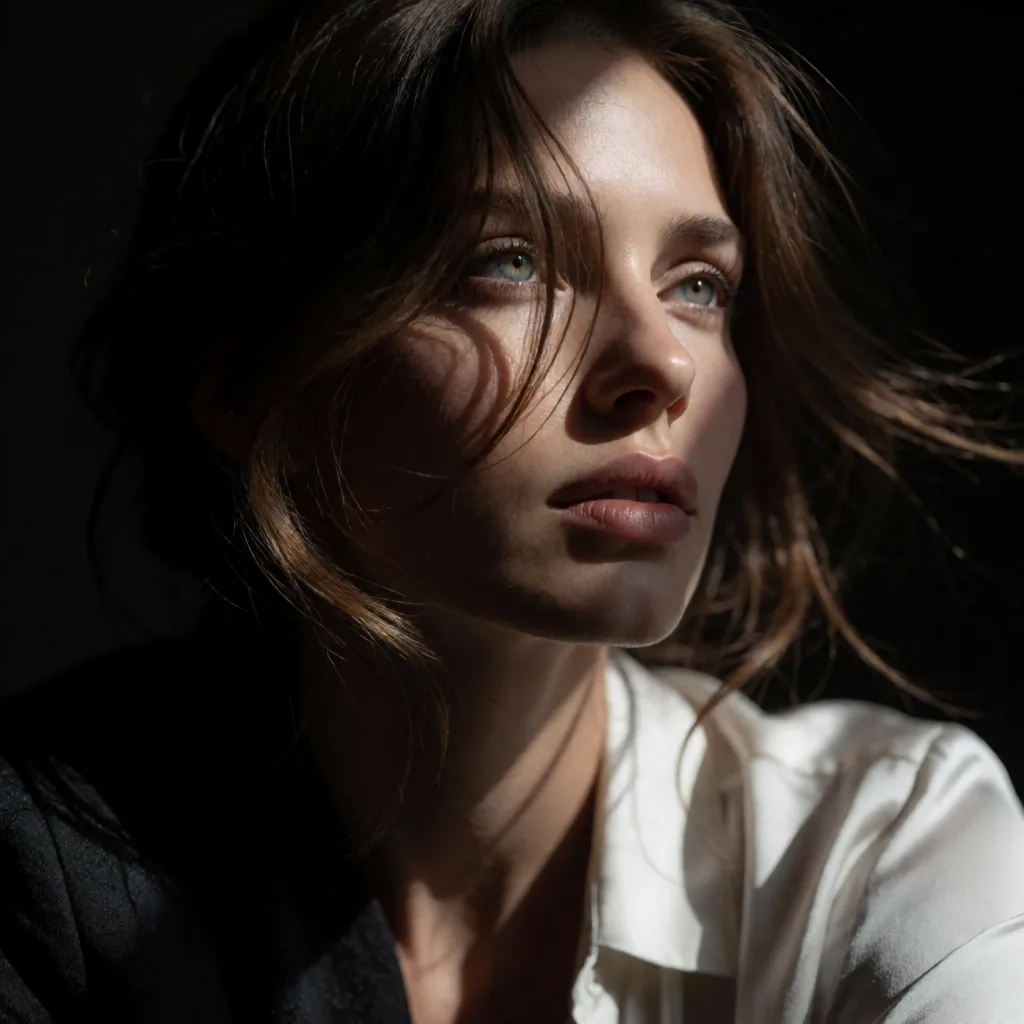 Directional light crosses a woman’s face as she looks upward to the right.
