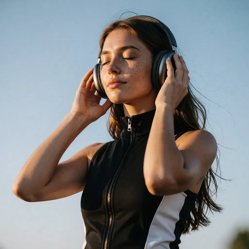 A woman listens through headphones with her eyes closed in warm sunlight.