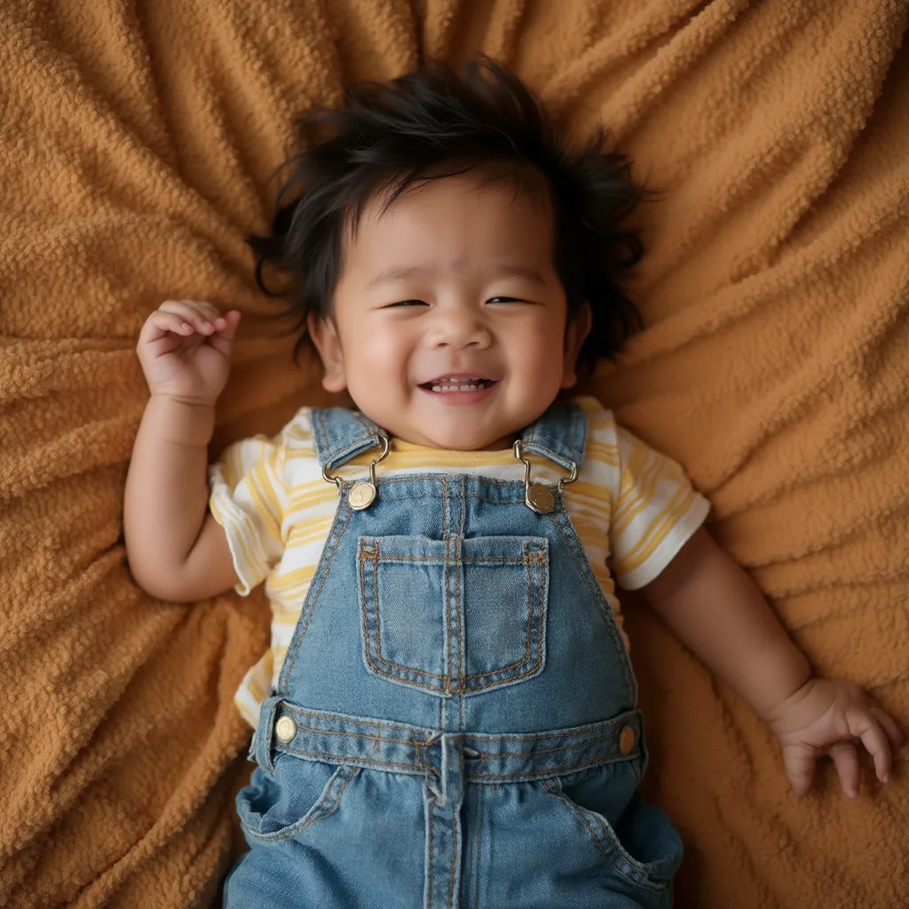 A laughing baby in denim overalls and a striped shirt lies on a caramel blanket.