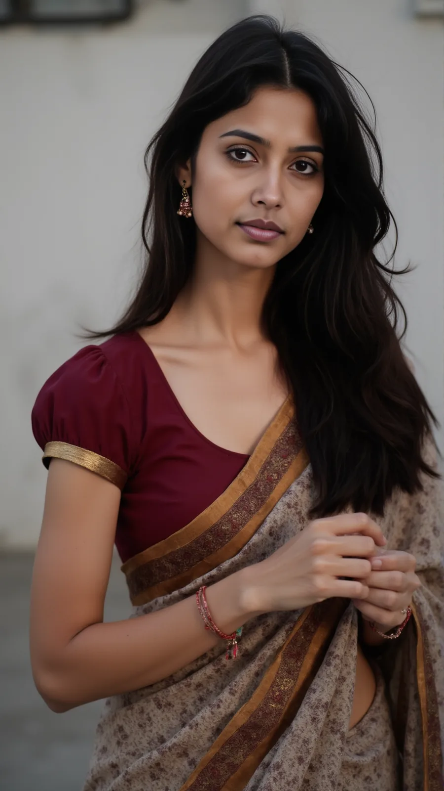 A young woman in a maroon blouse and printed sari stands against a pale wall.