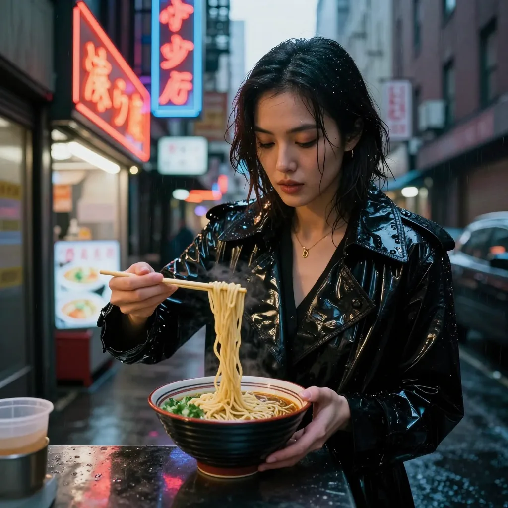 A woman eats noodles outdoors in the rain, surrounded by blurred neon lights.