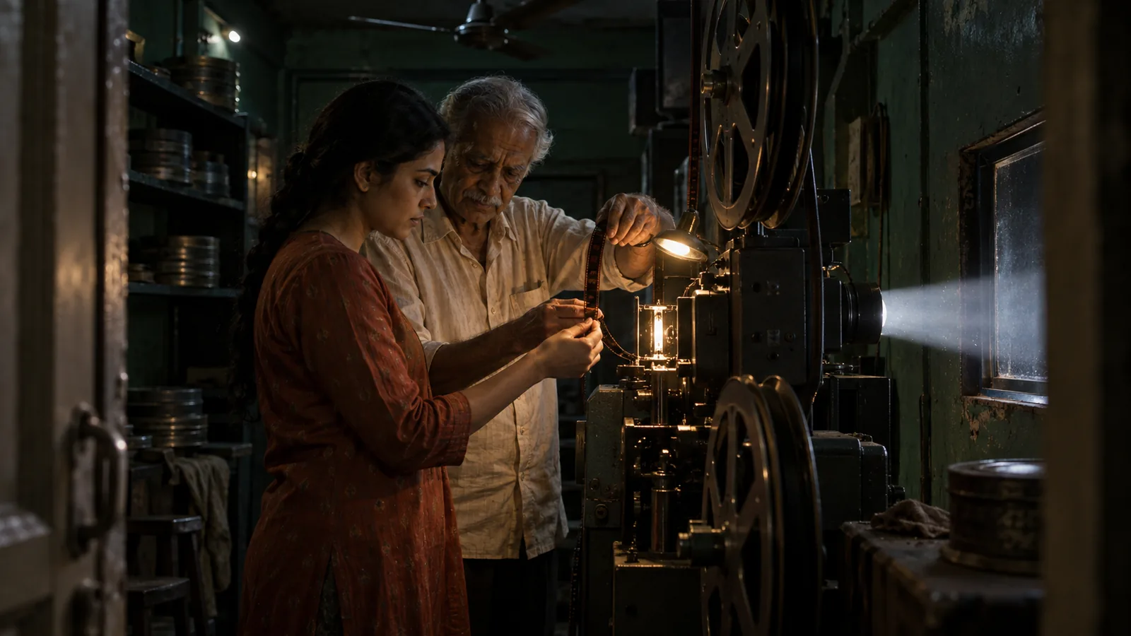 An old projectionist and a young woman thread film through a projector in a dim booth.