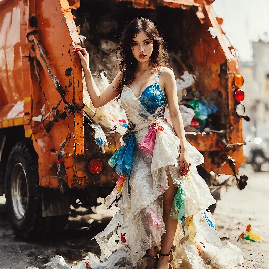 A fashion model wears a voluminous dress made from plastic materials beside a weathered refuse truck.