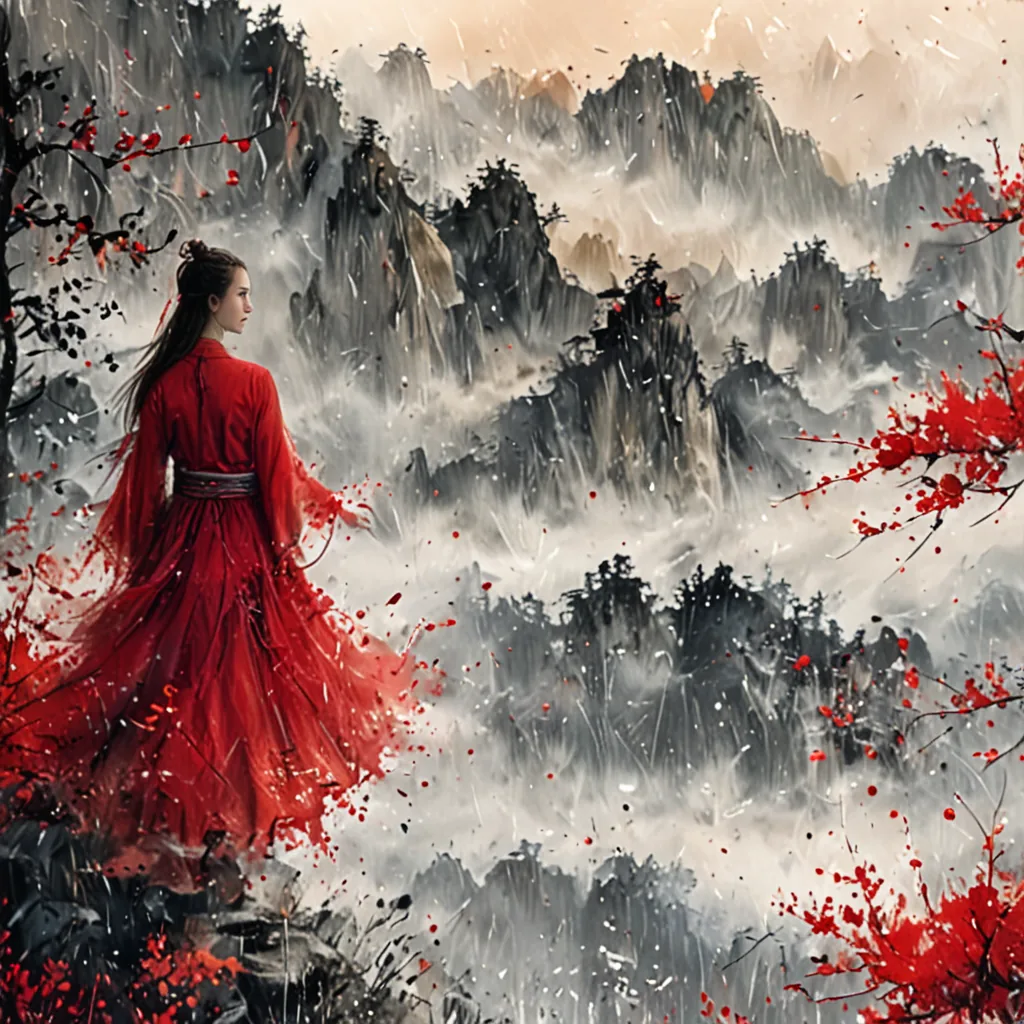 A woman in a red robe stands among misty mountains rendered with ink-like brushwork.
