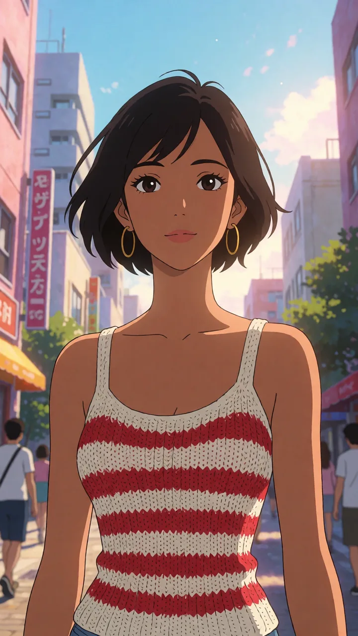 An anime-style woman with a short bob, in a red-and-white striped knit top, stands on a city street.
