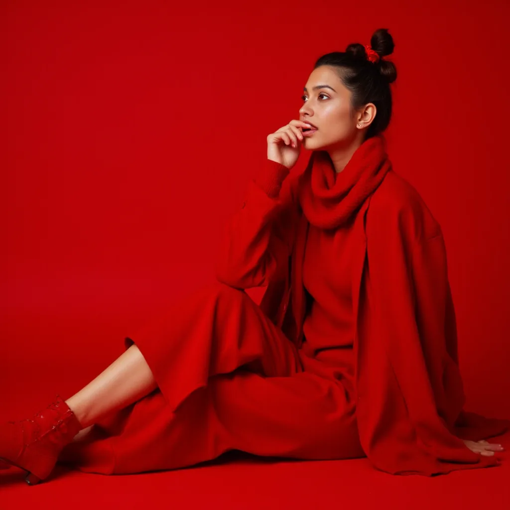 A woman in layered red clothing sits against a red backdrop, looking to the side.