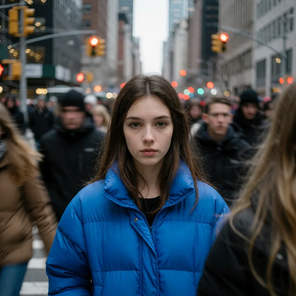 A girl in a blue puffer jacket stands still amid a blurred crowd on a city street.