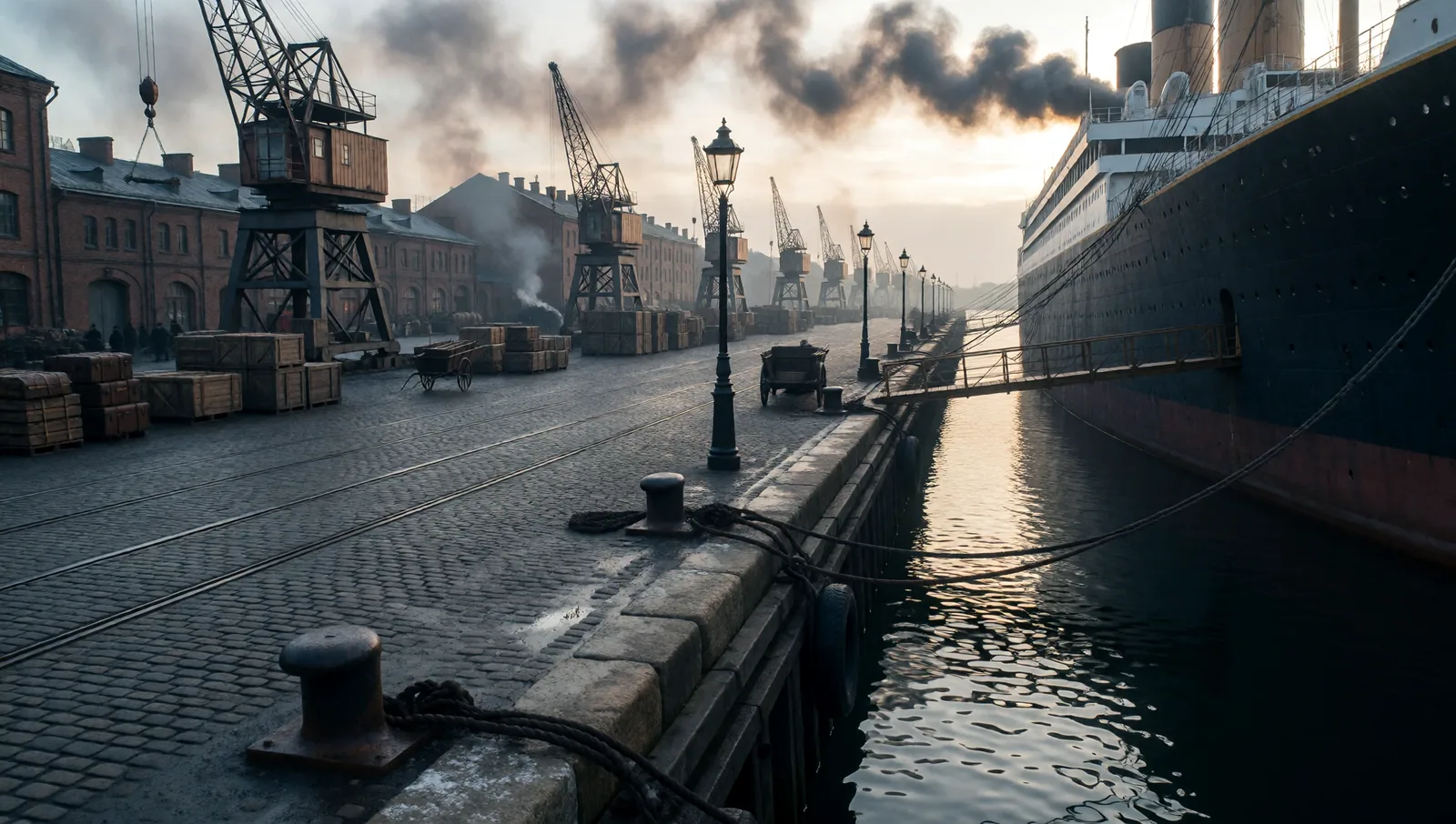 Cranes, cargo and a large ship line a misty industrial quay.