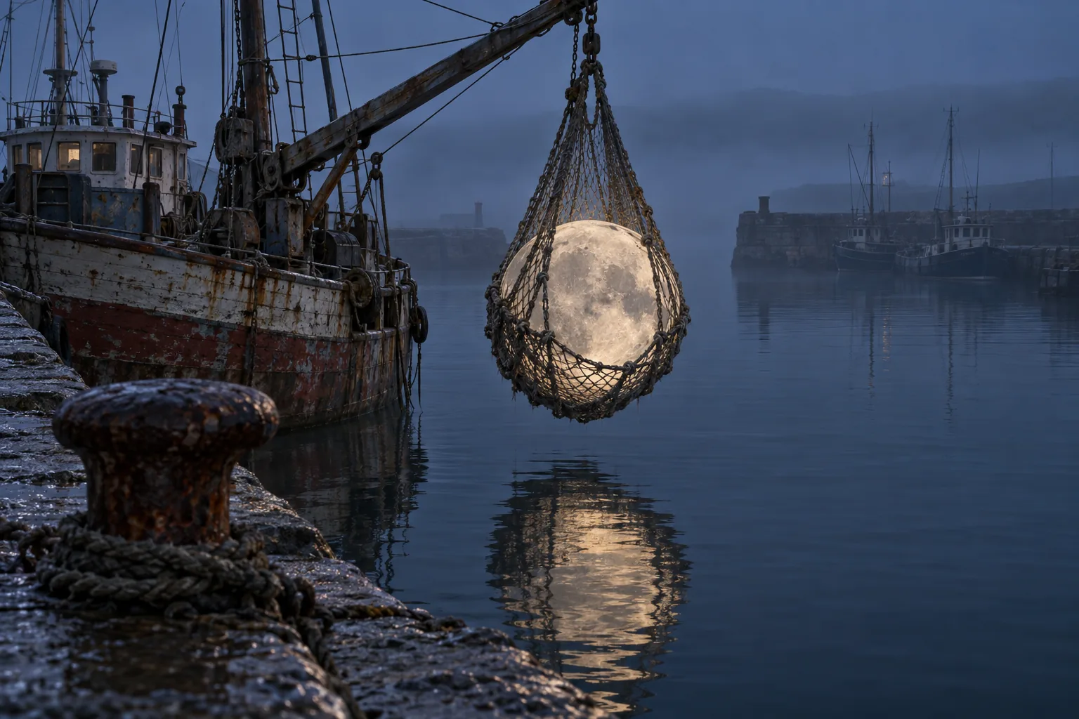 A fishing boat's net hangs over a still harbour, holding the full moon.