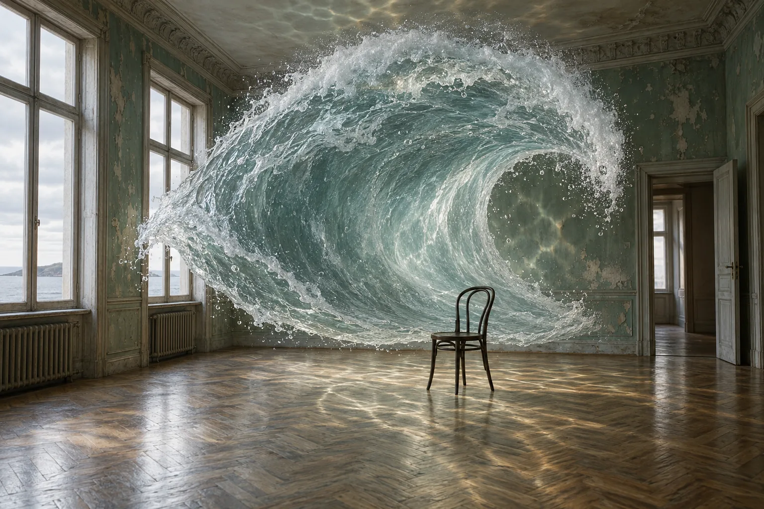 A breaking wave of water fills an empty room with tall windows, beside a single chair.