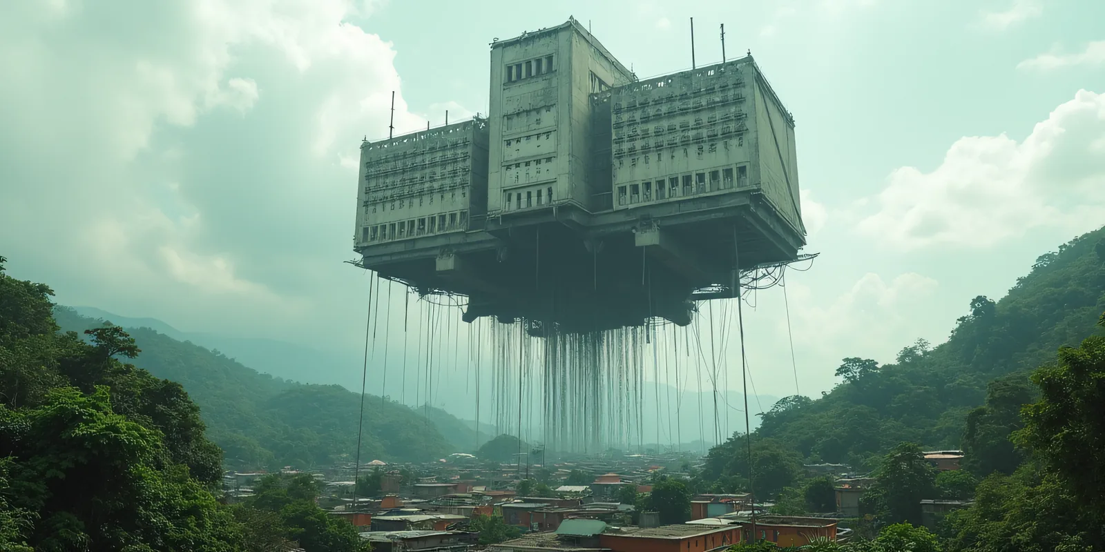 An enormous weathered building floats above a town surrounded by green hills.