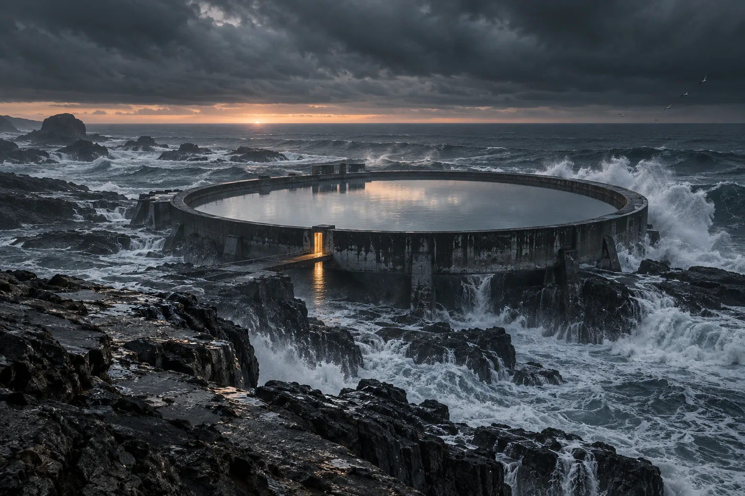 A circular stone pool sits among storm-lashed black rocks as waves crash under a low sky.