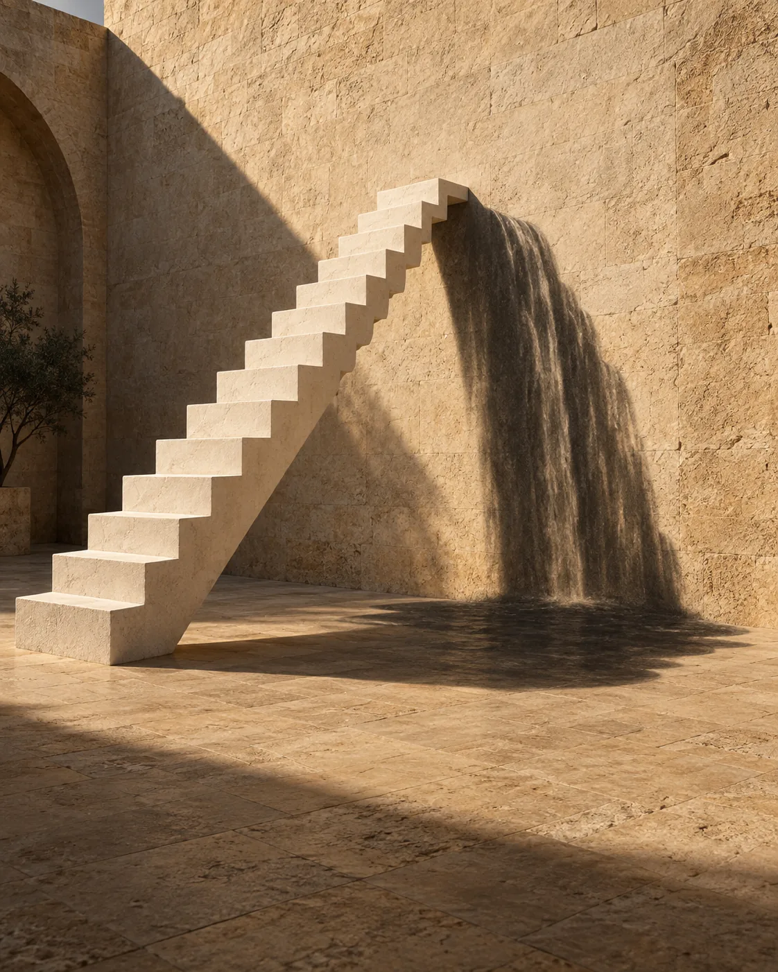 A white staircase casts a shadow that pours down the wall like a waterfall.