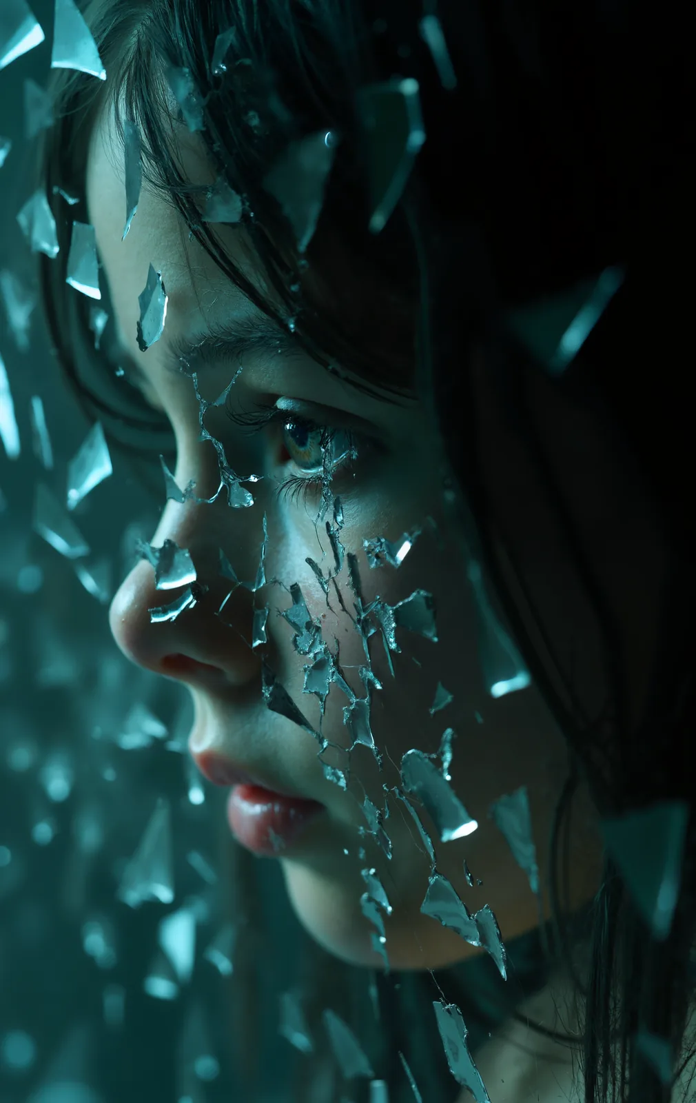 A woman’s side profile seen through suspended fragments of teal-lit glass.