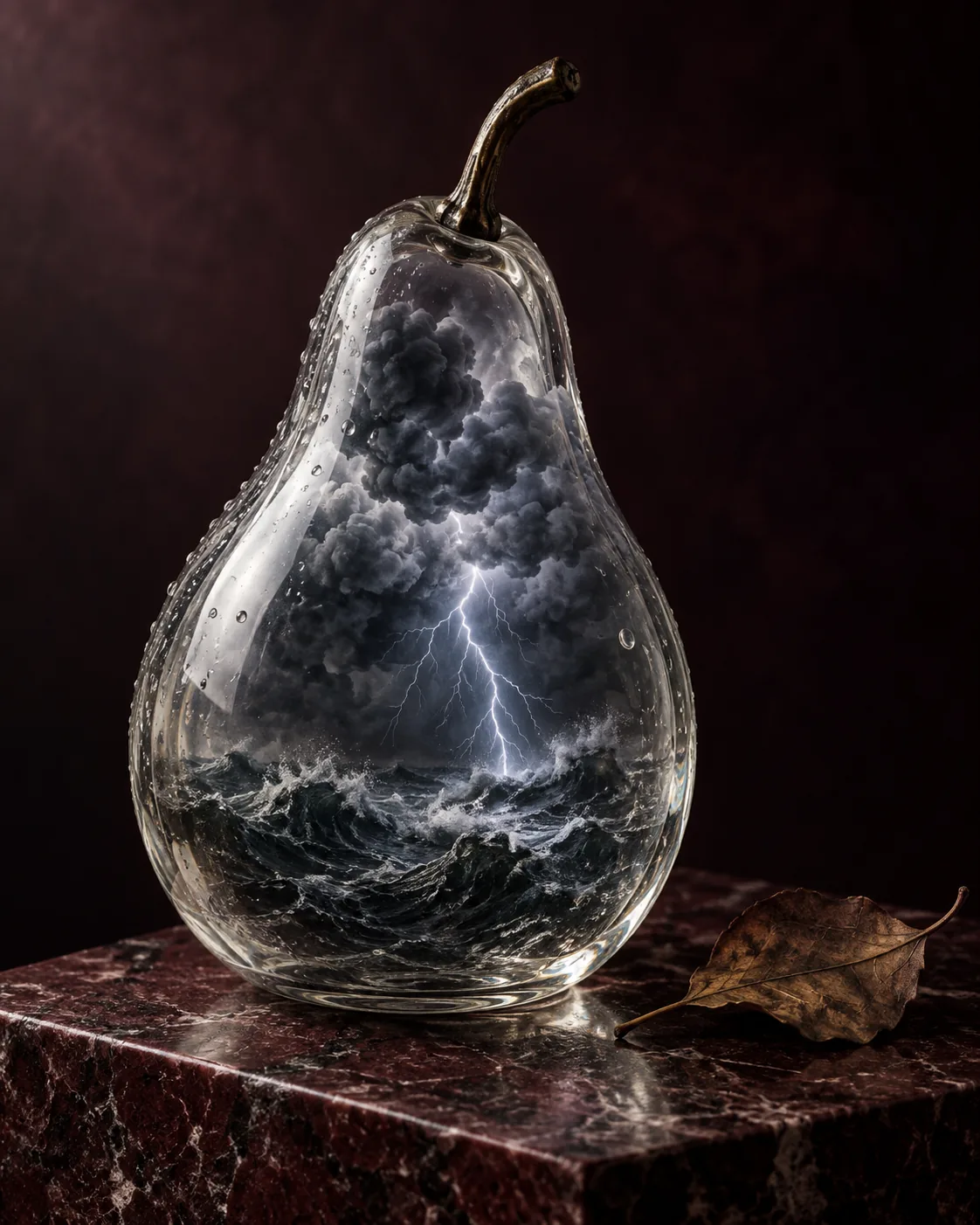 A glass pear on a marble plinth holds a storm with lightning inside.