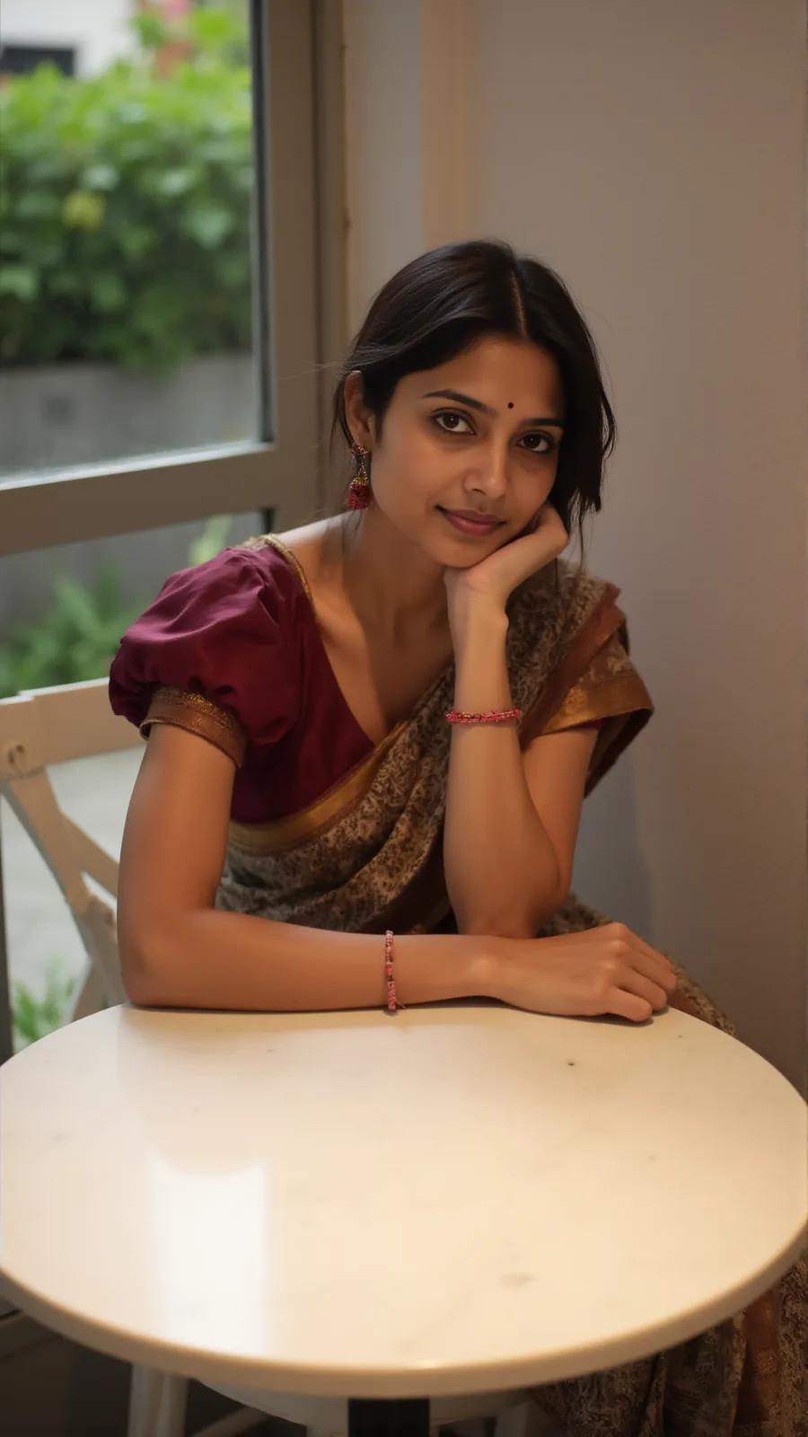 A young woman in a maroon blouse and sari rests her chin on her hand at a small table by a window.