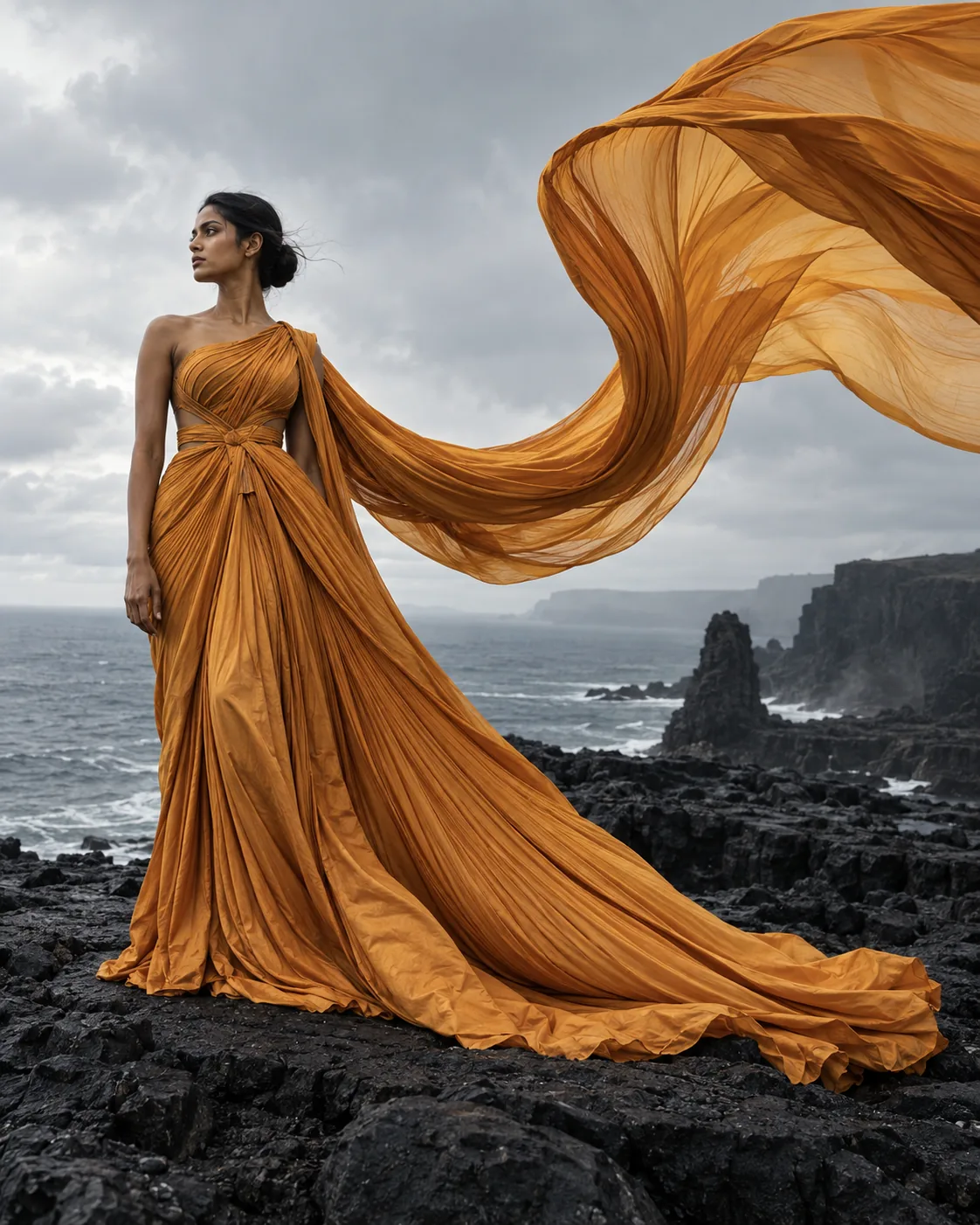 A woman in an ochre gown stands on black coastal rocks as a long length of fabric streams in the wind.